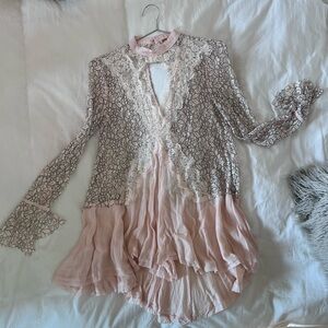 Chic Lace and Pleated Blouse - Pink and Cream